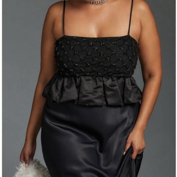 NWT By Anthropologie Beaded Satin Crop Tank  in Black Size Large - Picture 1 of 10
